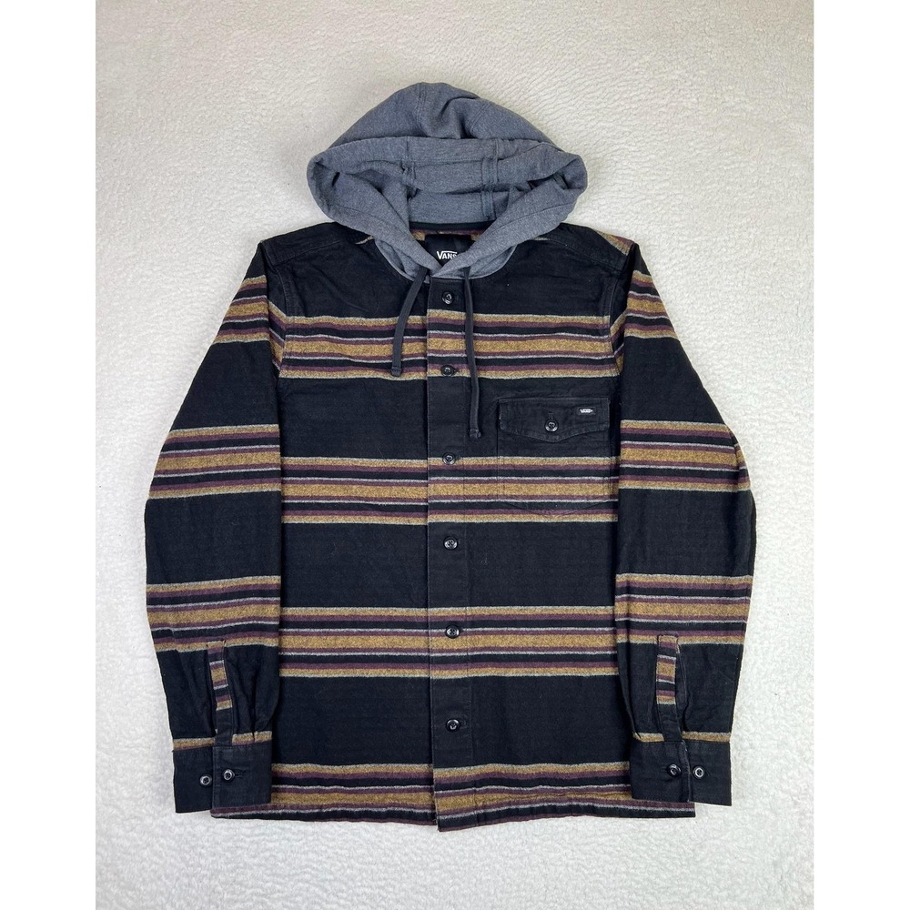 Vans Shirt Mens Medium Black Stripe Hooded Flannel Long Sleeve‎ Button Up Casual